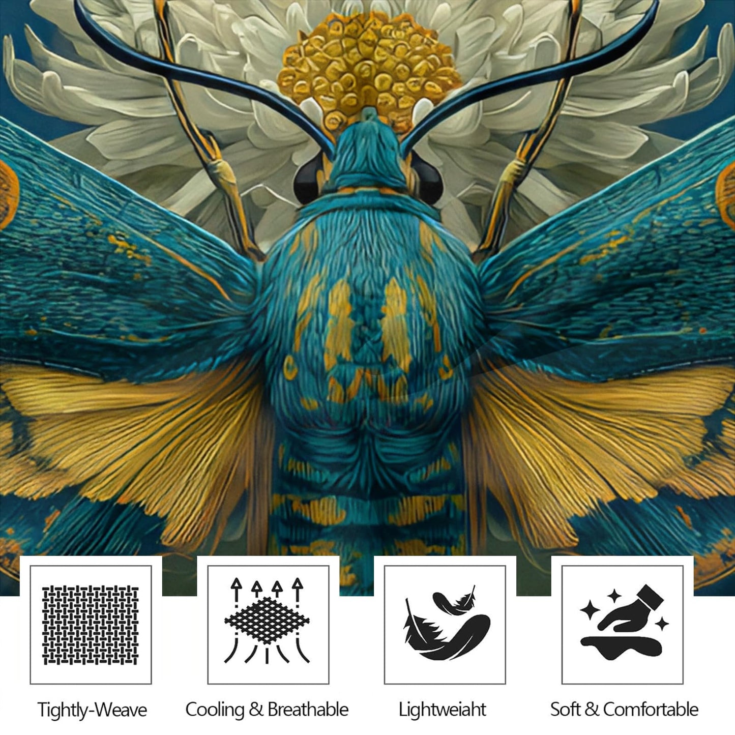 ZAOMIR Blue Gold Moth Bedding King for Adult, Vintage Chrysanthemum Gothic Bed Sheets Set 4 Pcs for Women, Dark Garden Deep Blue Botanical Sheets with 2 Pillowcases & Fitted Sheet & Flat Sheet