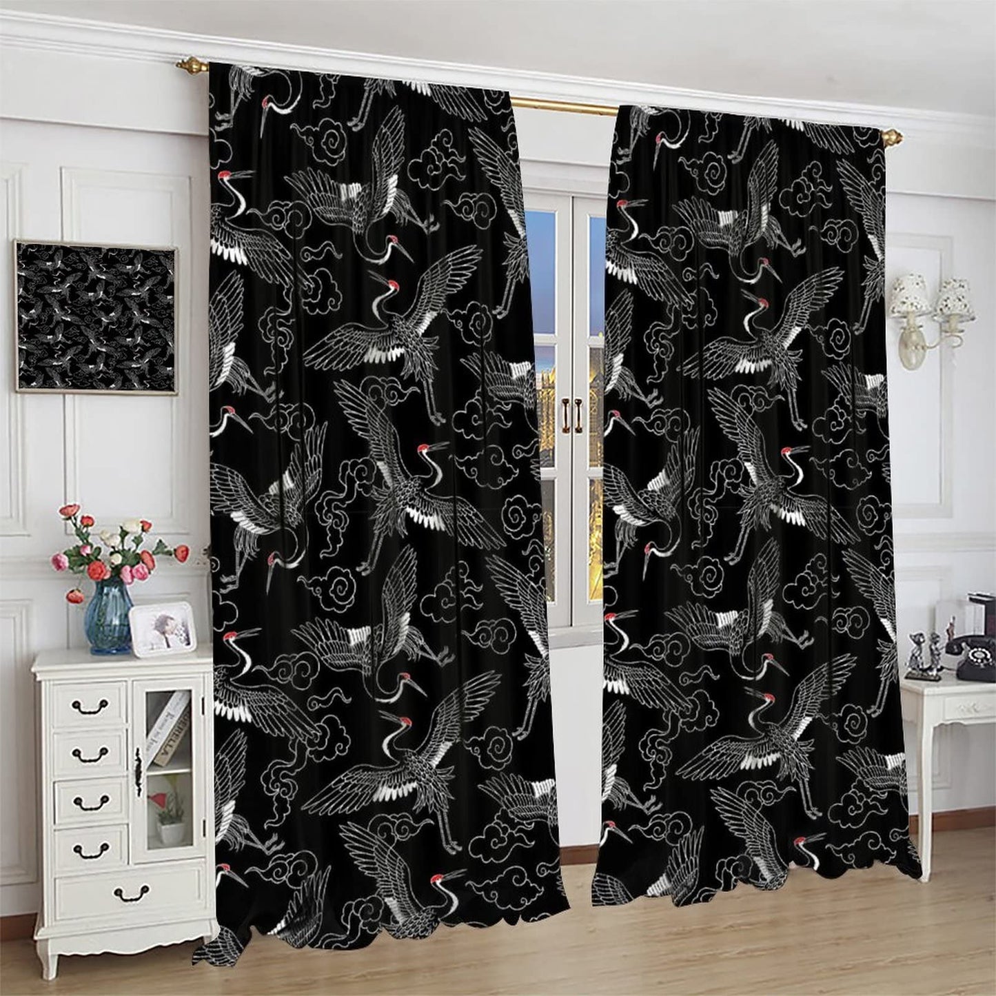 Japanese Style Curtains Fairy Wildlife Theme Crane Bedroom Rod Pocket Blackout Window Drapes 2 Panels Set 42x45in