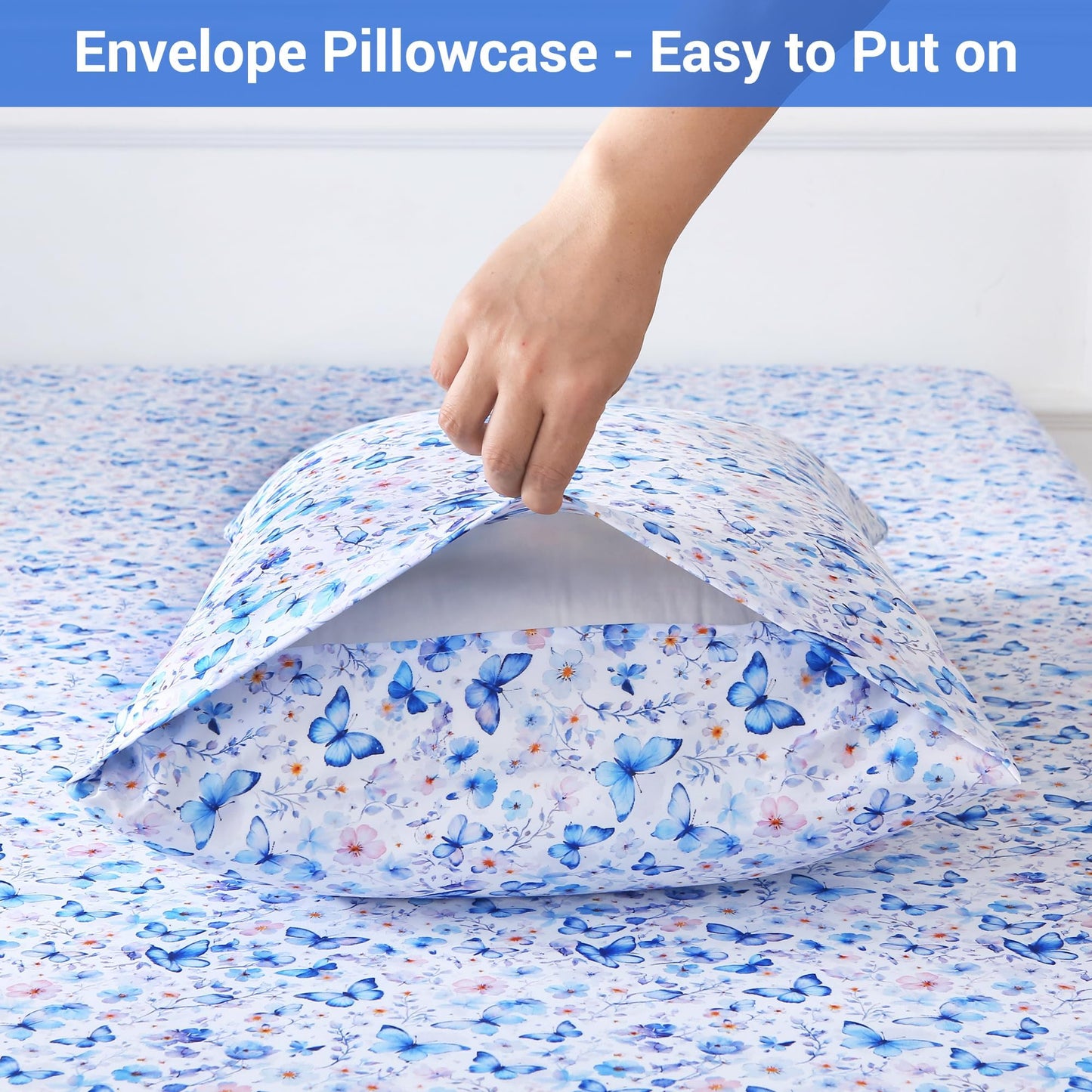 Softan Queen Floral Sheets, Microfiber Blue Flower Printed Fitted Sheets with Non-Slip Corner Straps and 15" Deep Pocket, Butterfly Patterned Cozy Bed Sheets & Pillowcase Sets