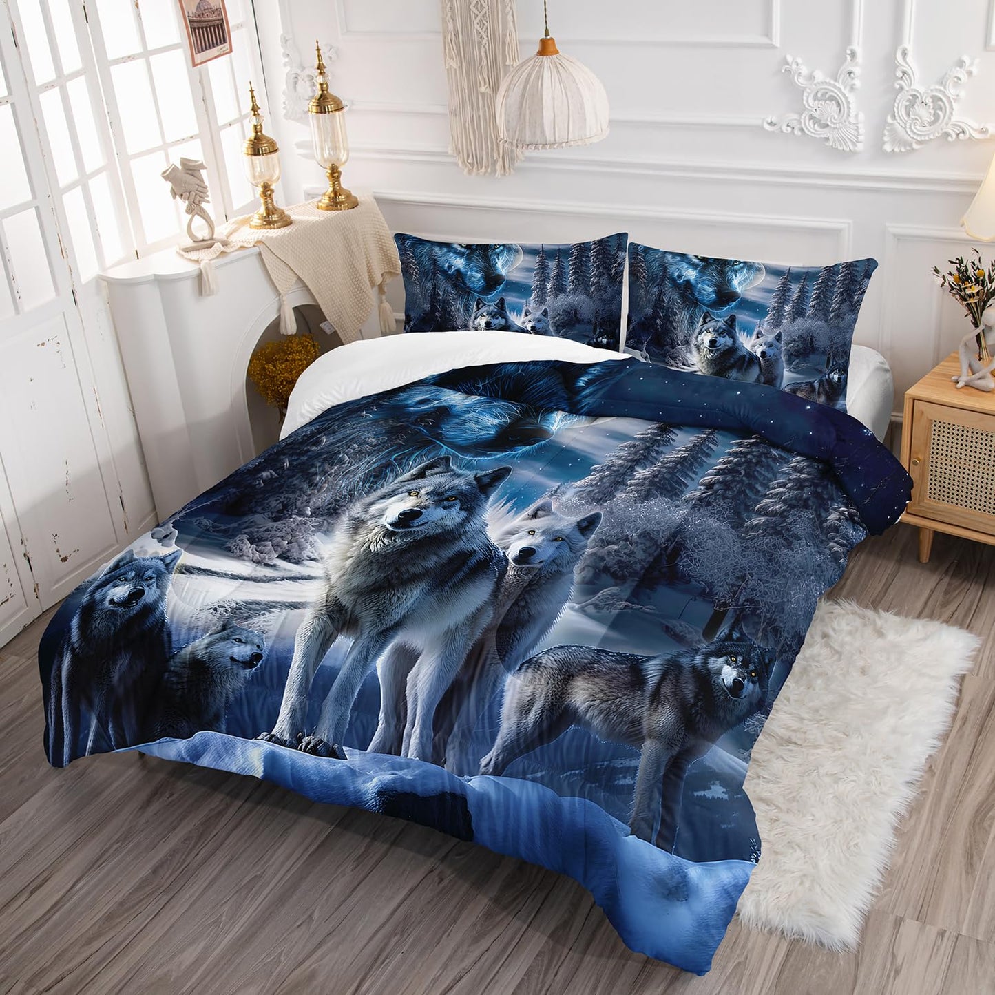 AILONEN Boys Bedding Set - Wolf Printed Comforter Set, Queen Size, 3Pcs Safari Wolves Duvet Set, 1 Quilt and 2 Pillowcases