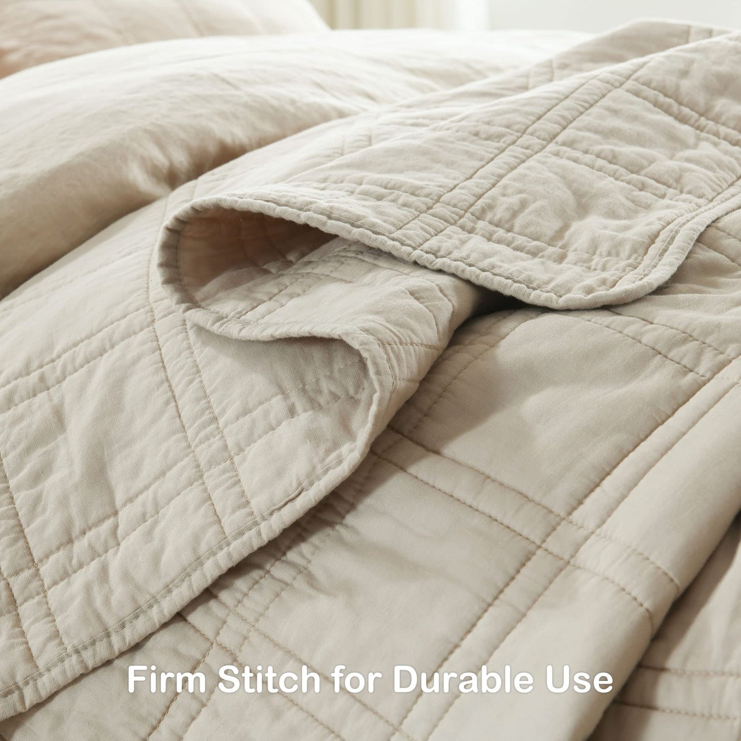 HORIMOTE HOME 100% Cotton Quilt Twin Size Beige Bedspread, Pre-Washed 2-Piece Cozy Lightweight Stitching Decorative Bedding Cover Coverlet Set with 1 Sham in Geometric Pattern for All Season