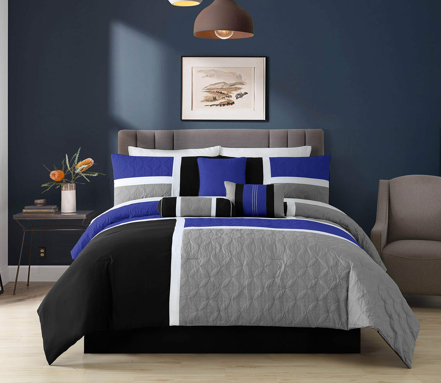 Chezmoi Collection Upland 7-Piece Quilted Patchwork Comforter Set, Blue/Black/Gray, King
