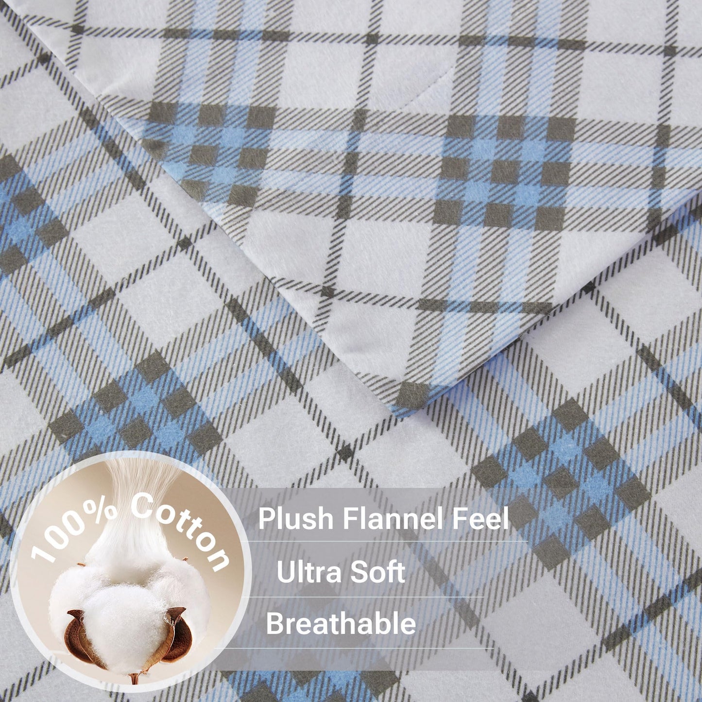 True North by Sleep Philosophy Cozy Flannel Warm 100% Cotton Sheet - Novelty Print Animals Stars Cute Ultra Soft Cold Weather Bedding Set, Queen, Blue Plaid 4 Piece