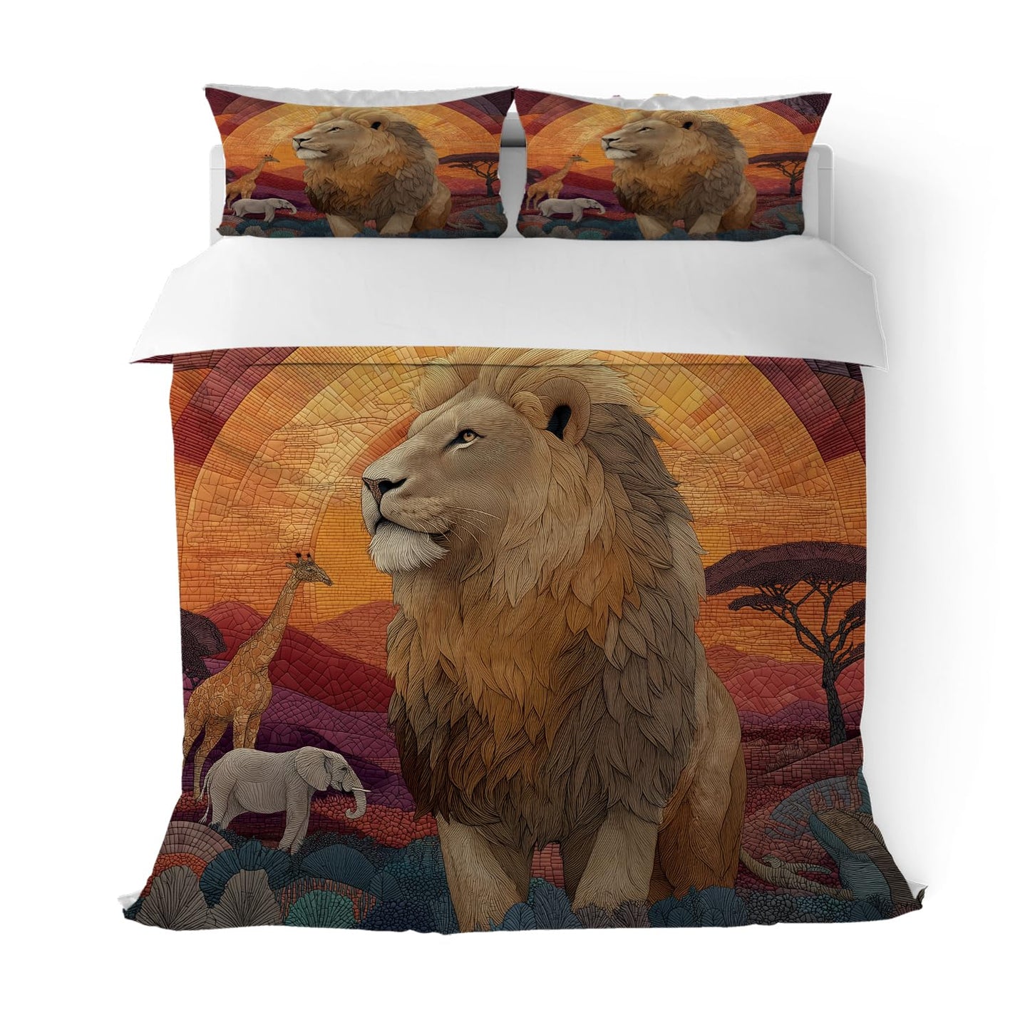RICQLESC Lion Duvet Cover and 2 Pillow, Tropical Africa Wildlife Animal Giraffe Elephant Comforter Set, Kids Boys Girls Bedding 3 Pieces, King Size 104x90 inch