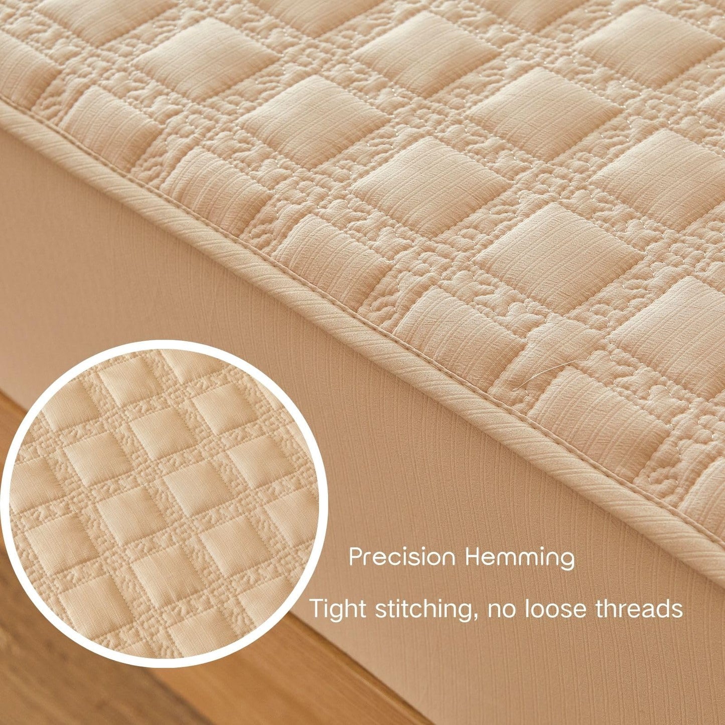 ZIQINPSQ Gingham Fitted Sheet Queen Size, 18" Deep Pocket Breathable Quilted Cotton Bed Sheet, Non-Pilling Wrinkle Resistant All-Season Mattress Cover with Pillowease, Khaki