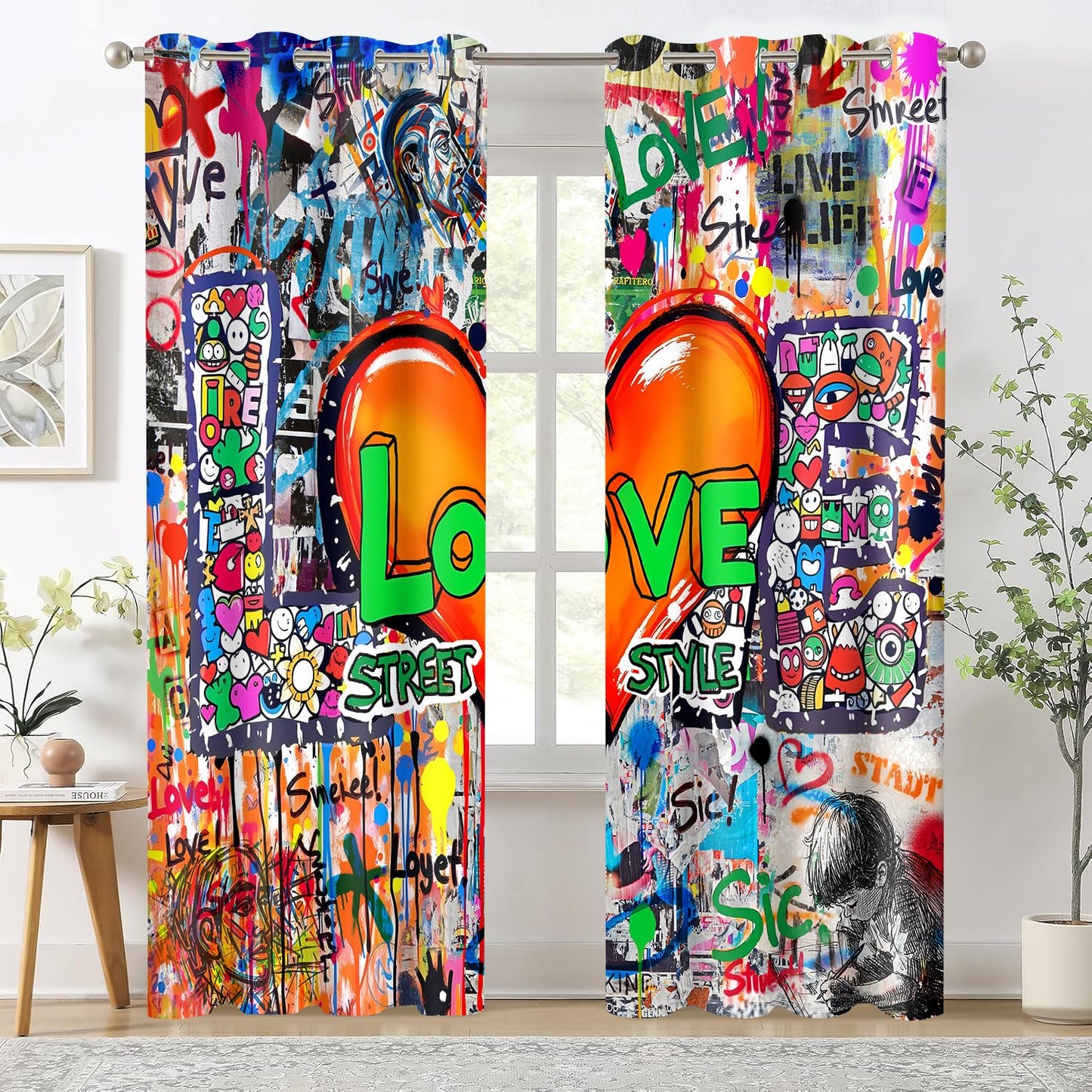 HIYSMT Graffiti Wall Hip Hop Curtains 42x84inch Alphabet Love Heart Art Design Blackout Curtain Modern Abstract Colorful Urban Graffiti Privacy Drapes for Bedroom Living Room 2Panels HI07YL