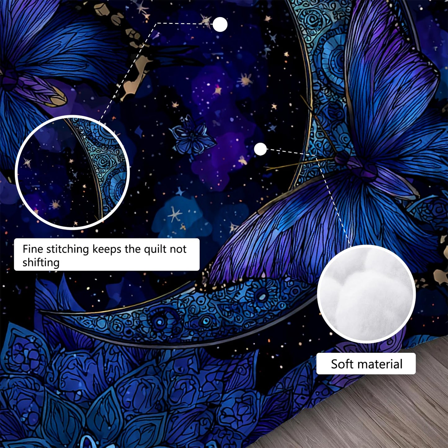 EDGZKO Butterfly Comforter Set, Queen Size Boho Floral Bedding Set for Boys Girls Kids Adults, Gothic Moon Quilt Duvet Breathable Star Sky Bed Set, 1 Comforter & 2 Pillowcases