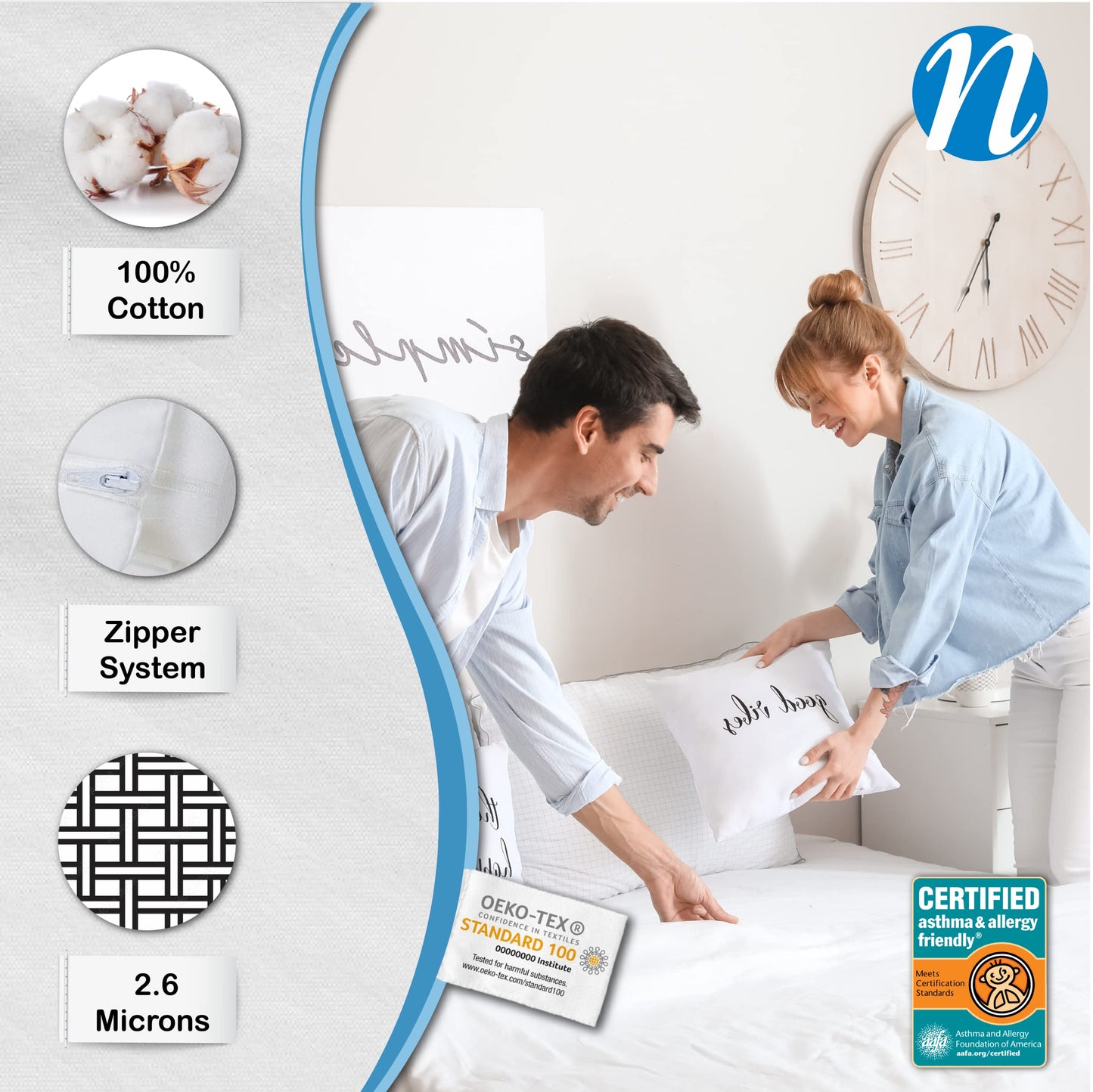 National Allergy 100% Cotton California King Mattress Encasement 73x84x12, Hypoallergenic, Dust Proof Zippered 6-Sided Cover, Breathable, Noiseless Natural Cotton, AAFA Certified