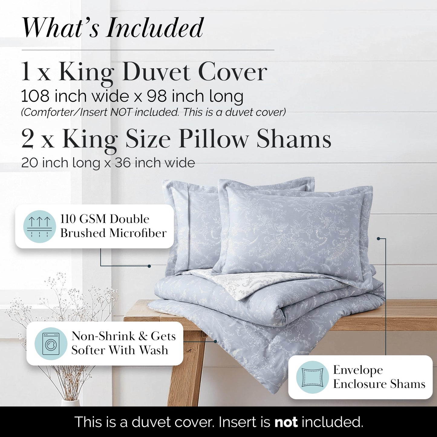 SouthShore FINE LINENS Winter Brush Collection - Premium Quality, Soft, Wrinkle, Fade, & Stain Resistant, Easy Care, Oversized Duvet Cover Set, King / California King, Dusty Blue