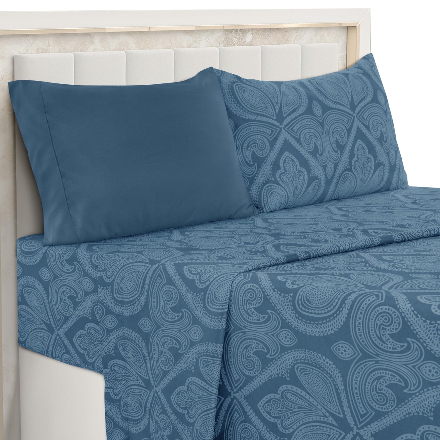 Ultra Soft Wrinkle-Free Microfiber Paisley Twin XL Sheet Set, Cute Floral Pattern Boho Print – 16" Deep Pocket Fitted Sheet, Flat Sheet & 2 Pillowcases, Breathable, OEKO-TEX - Navy Blue