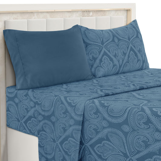 Ultra Soft Wrinkle-Free Microfiber Paisley Twin XL Sheet Set, Cute Floral Pattern Boho Print – 16" Deep Pocket Fitted Sheet, Flat Sheet & 2 Pillowcases, Breathable, OEKO-TEX - Navy Blue