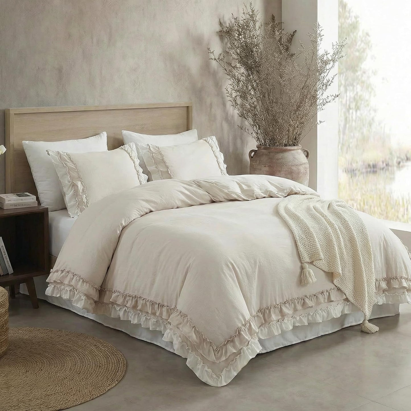 Bedorm Beige Duvet Cover Set Queen Ruffle Bedding Set Pleat Ruffled Shabby Chic Comforter Cover Extra Soft & Easy Care White Boho Duvet Cover with Zipper Closure
