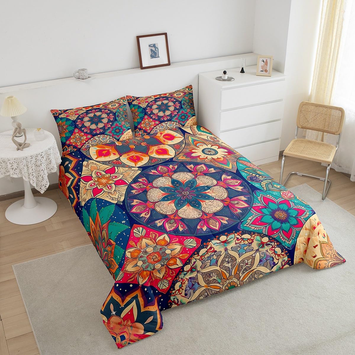 jejeloiu Hippie Mandala Bedding Set Full Size Kids Boho Mandala Comforter for Boys Girls Tribal Native Comforter Set Yellow Duvet Set Room Decorations Quilt Set