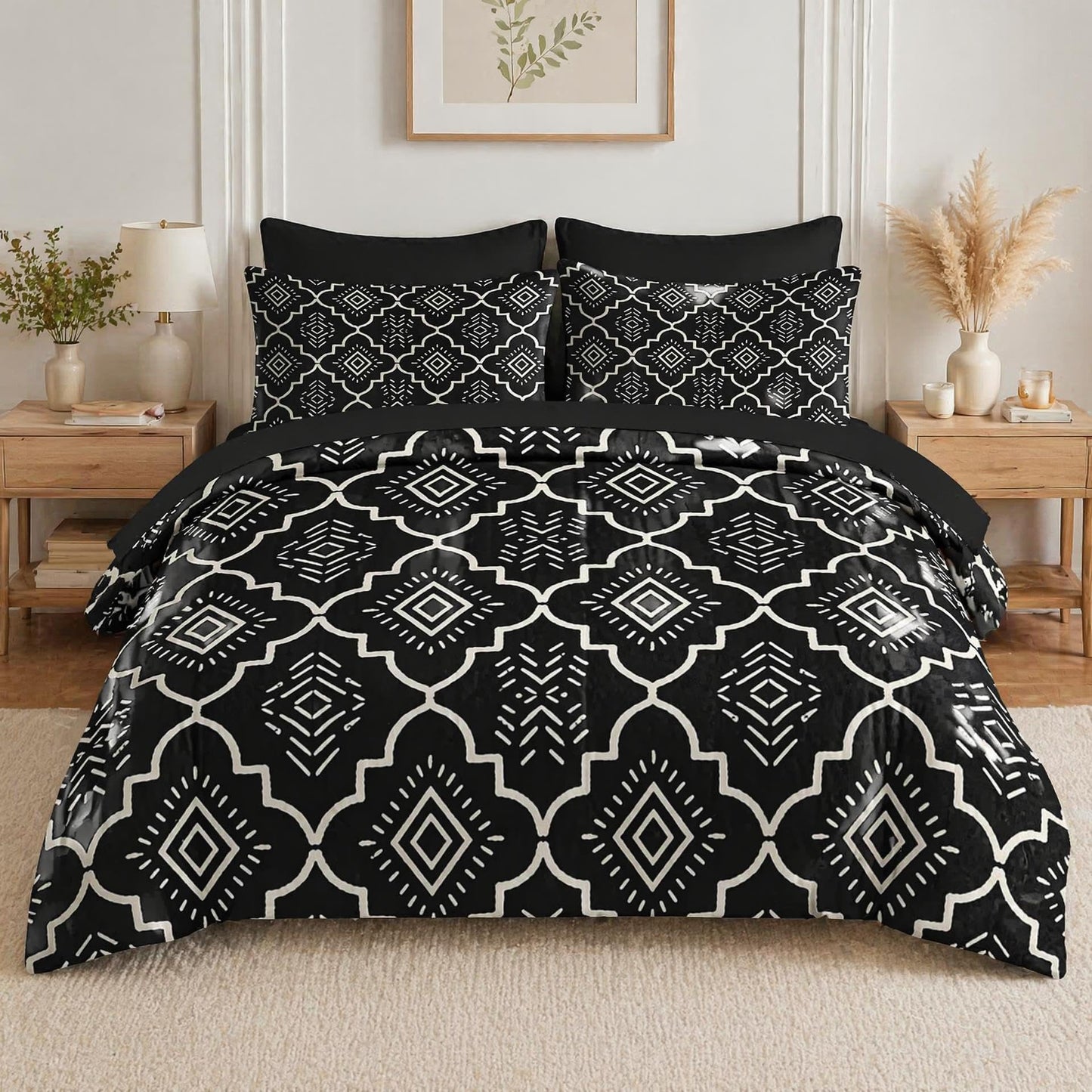 Boewywh Comforter Set Twin Size Boho Aztec Geometric 7 Pcs, Bedding for Kids and Adults, Southwestern Black Bed Sheet Sets with Fitted Sheet 2 Pillowcases & 2 Shams for Bedroom Bed Decor