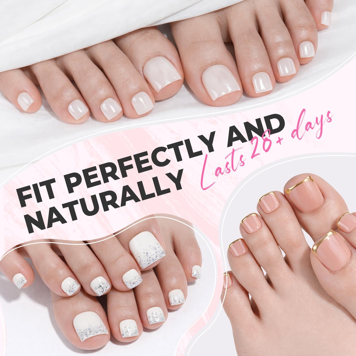 UNA GELLA Half Cover Square Toe Nail Tips For Big Wider Toe, 510Pcs 15Sizes Soft Gel Pre-etched Fake Toenails Press On Nails For Nail Extensions Home DIY Nail Salon