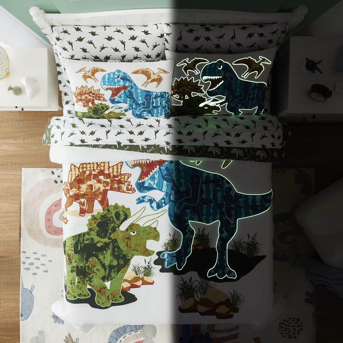 Kaleido Space Twin Kids Comforter Set - 5 Pieces Twin Bedding Sets for Boys Teen, Glow in The Dark Dinosaurs Bed in A Bag with Sheets
