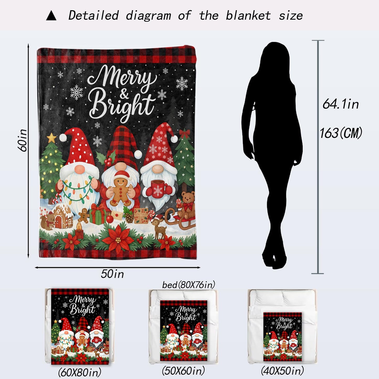 ainori Gnome Christmas Decorative Throw Blanket, Merry Bright Red Black Plaid Gingerbread Print Decoration, Flannel Winter Blankets for Couch Sofa, Holiday Home Decor, Xmas Festival Gifts 50x60 Inch