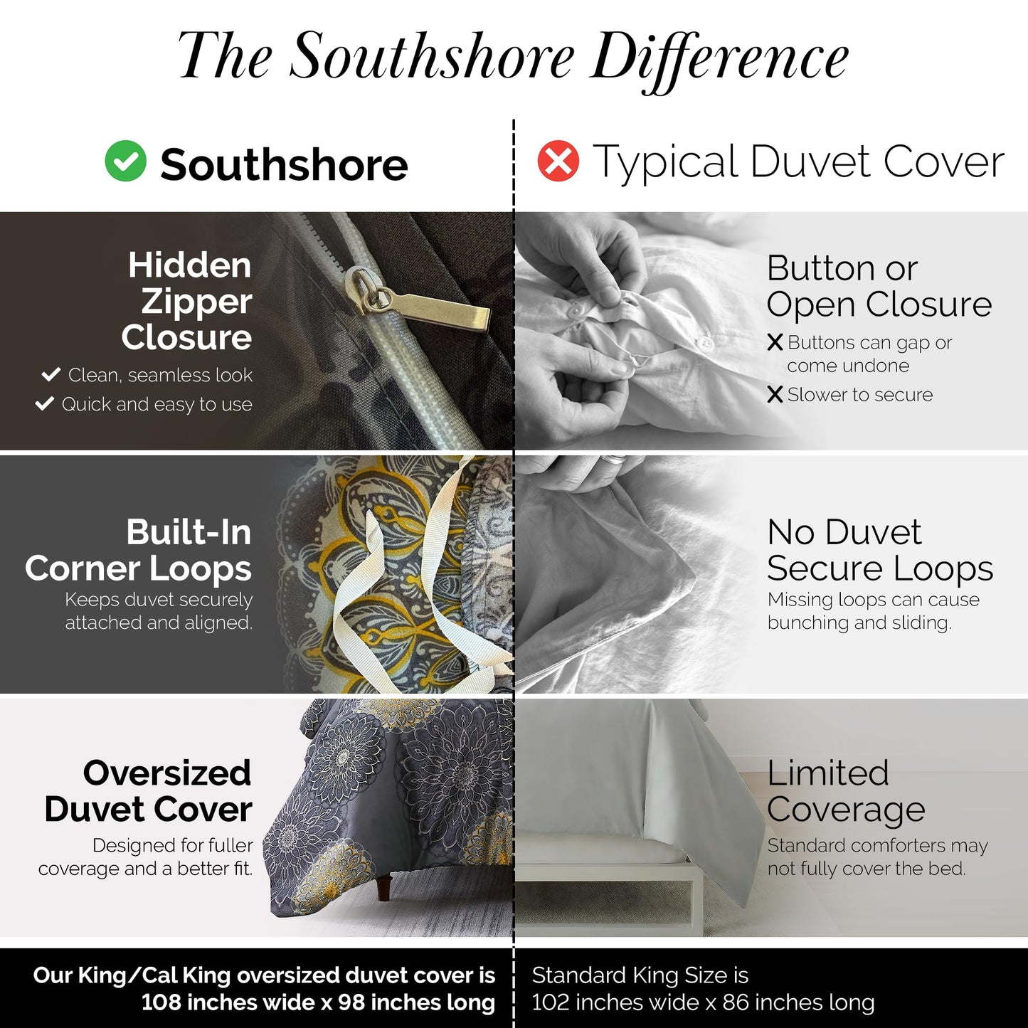 Southshore Fine Living, Inc. Oversized Floral Duvet Cover King Size/California, Reversible Cal King Duvet Cover Set, Pet Hair Resistant Bedding, 2 Pillow Shams, Insert Not Included - Midnight Black
