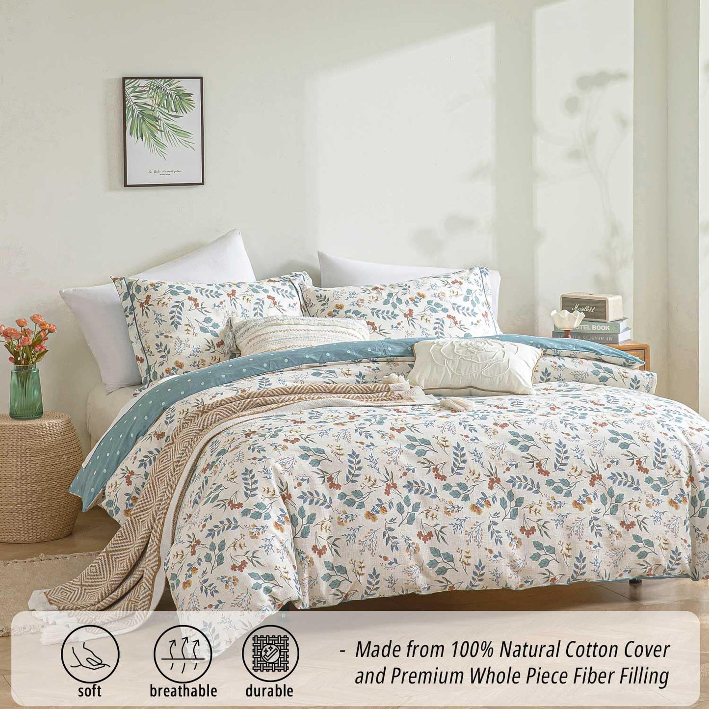 LEMIROE Botanical Cotton Comforter Queen Size - Lake Green Comforter with Dusky Blue & Warm Rust Leaves on Ivory,Reversible Lightweight Bedding Sets 3Pcs(Polka Dot)