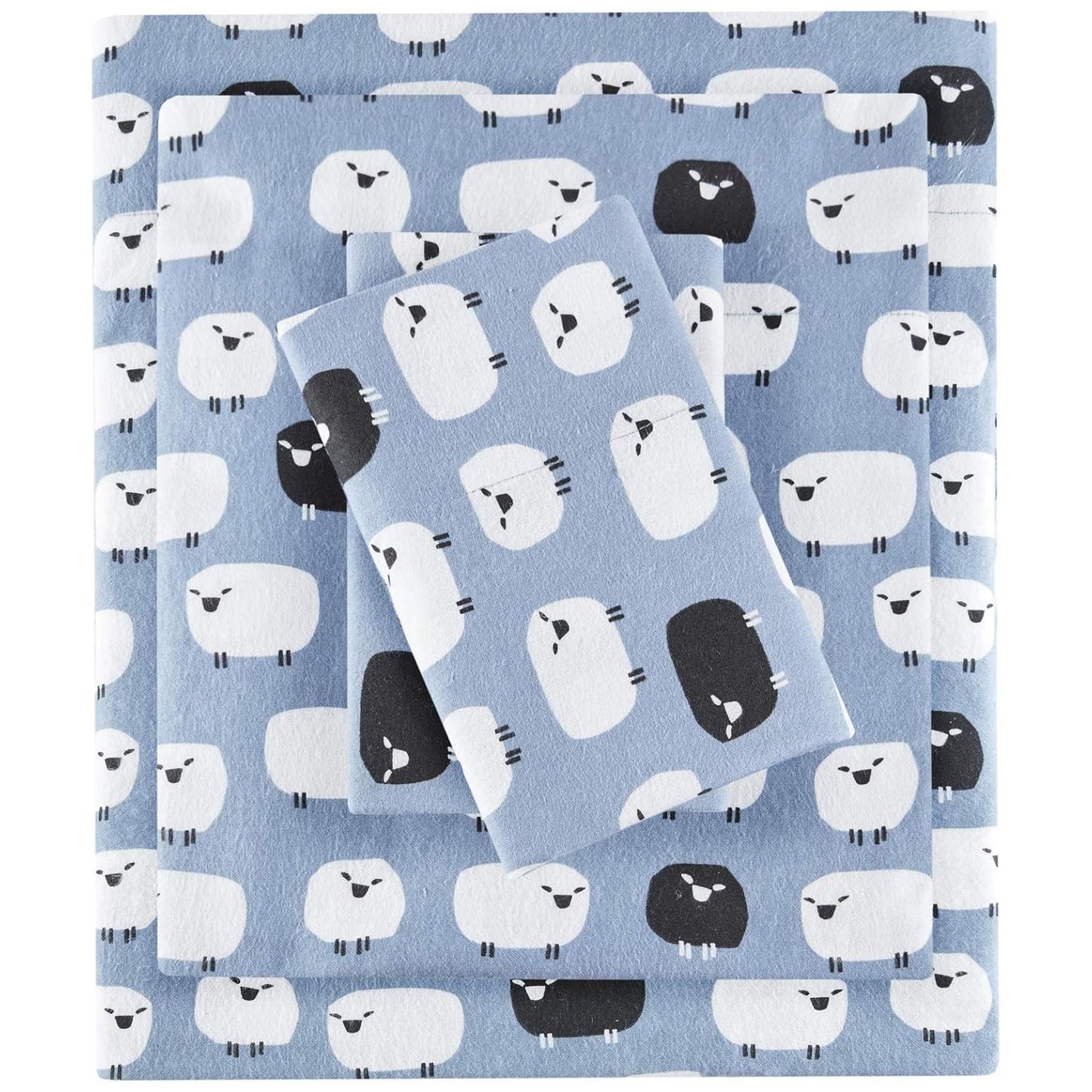 Woolrich Cotton Sheet Set Cottage Charms Print, 100% Cotton Flannel Sheets Warm & Fuzzy Bedding Set Queen Size Sheets, Fitted Pocket Fits Up to 14" Mattress, Queen Blue Sheep, 4 Piece