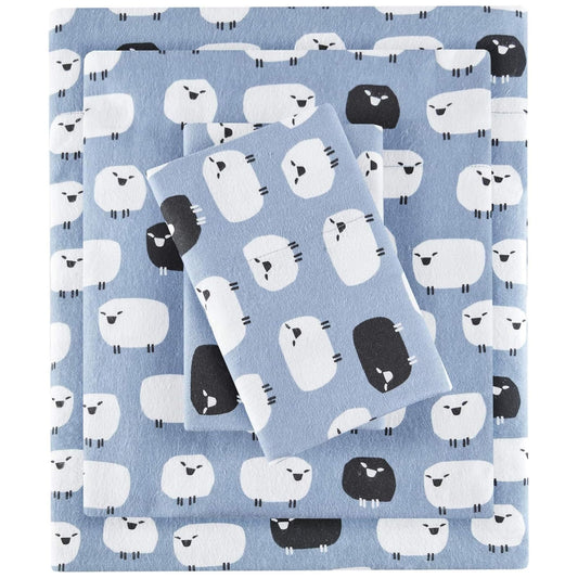 Woolrich Cotton Sheet Set Cottage Charms Print, 100% Cotton Flannel Sheets Warm & Fuzzy Bedding Set Queen Size Sheets, Fitted Pocket Fits Up to 14" Mattress, Queen Blue Sheep, 4 Piece