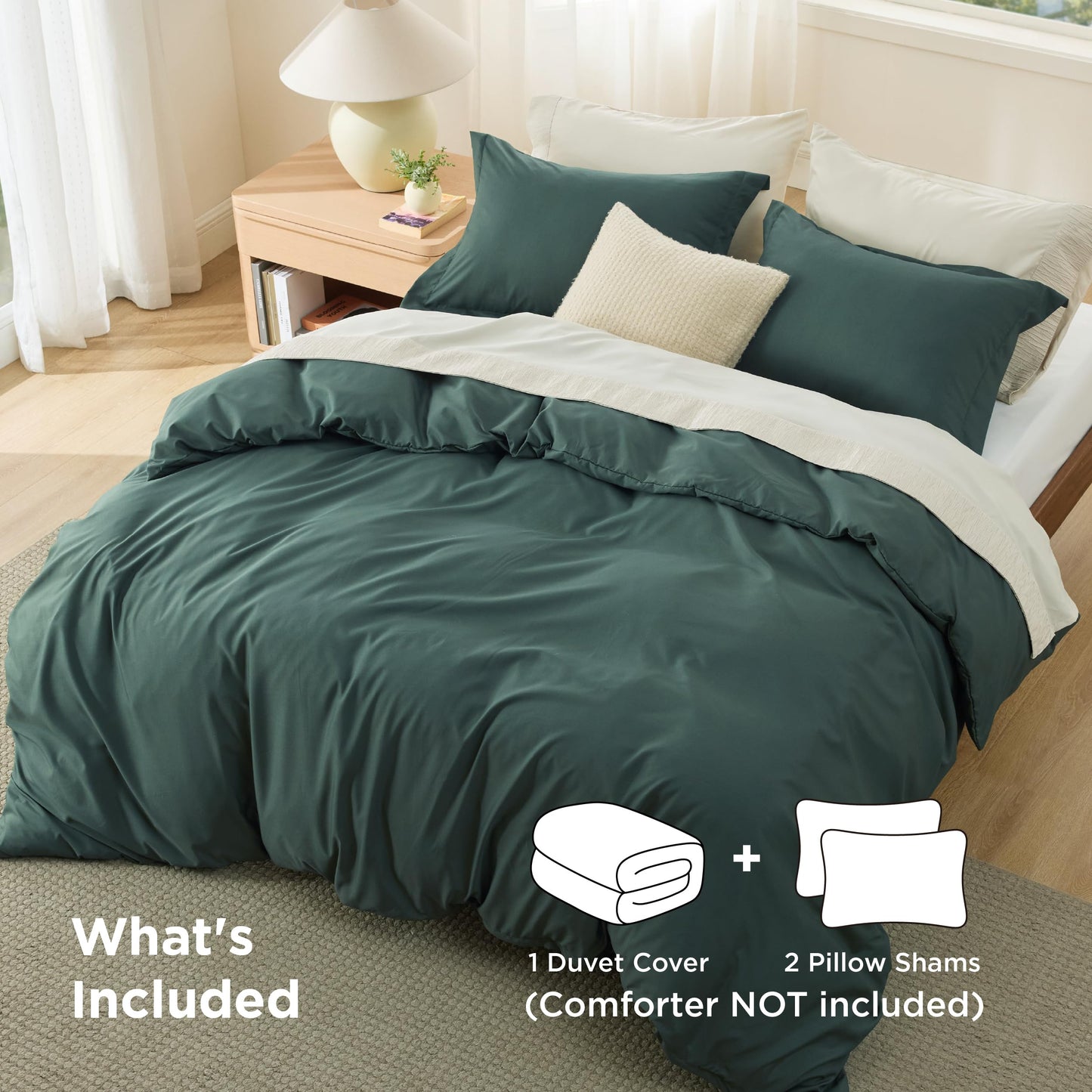 Bedsure Duvet Cover Queen Size - Soft Double Brushed Bedding Set for Kids & Adults, Zipper Closure, 3 Pieces, Includes 1 Duvet Cover (90"x90") & 2 Pillow Shams, NO Comforter, Forest Green