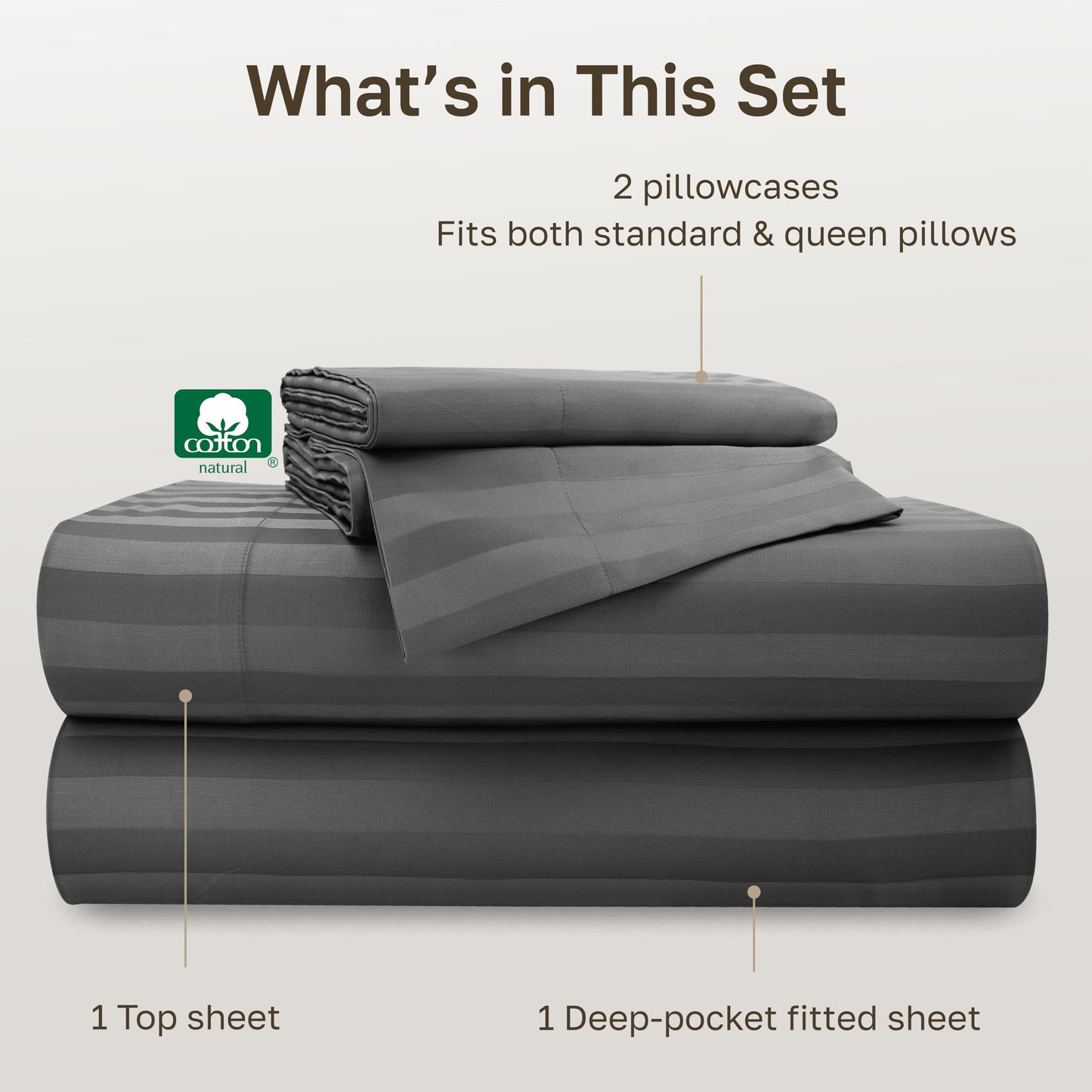 California Design Den Deep Pocket Queen Sheets Set - Soft 100% Cotton Sheets, 500 Thread Count Sateen, Snug Fit Elastic, Soft Damask Stripe Bedding Set - Stripe Grey