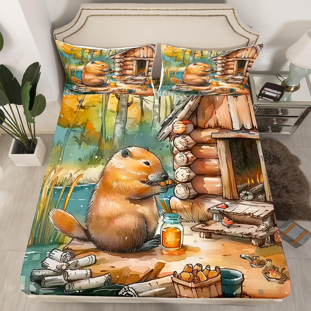 Erosebridal Boys Beaver Queen Size Bedding Set, Cute Guinea Pig Bed Sheets Lovely Animal Fitted Sheet for Kids Teens Adult Cabin Decor, Rustic Farmhouse Lodge Bed Set with 2 Pillow Cases,Brown