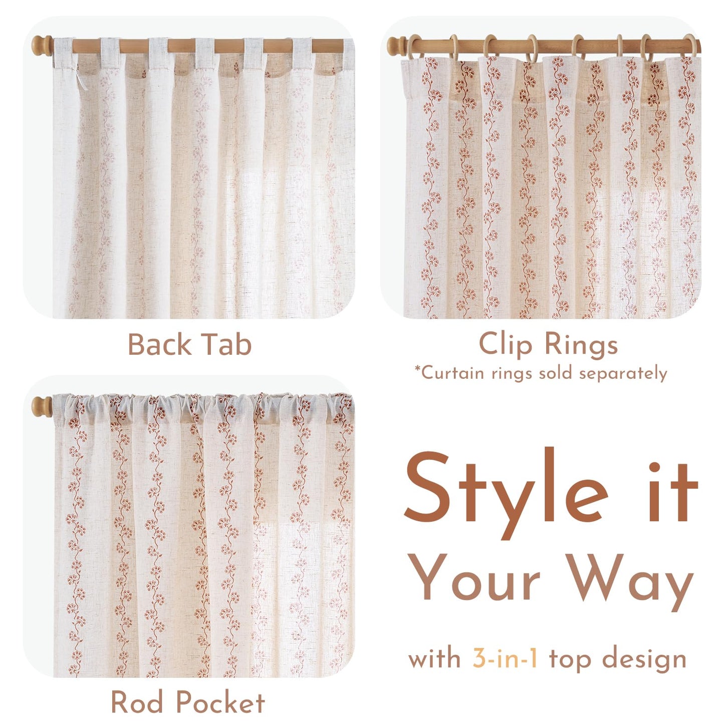 Lazzzy Cathy Linen Floral Curtains for Living Room Terracotta Curtains for Bedroom Farmhouse Drapes 84 Inches Length 2 Panels Back Tab W50 x L84 Terracotta on Linen