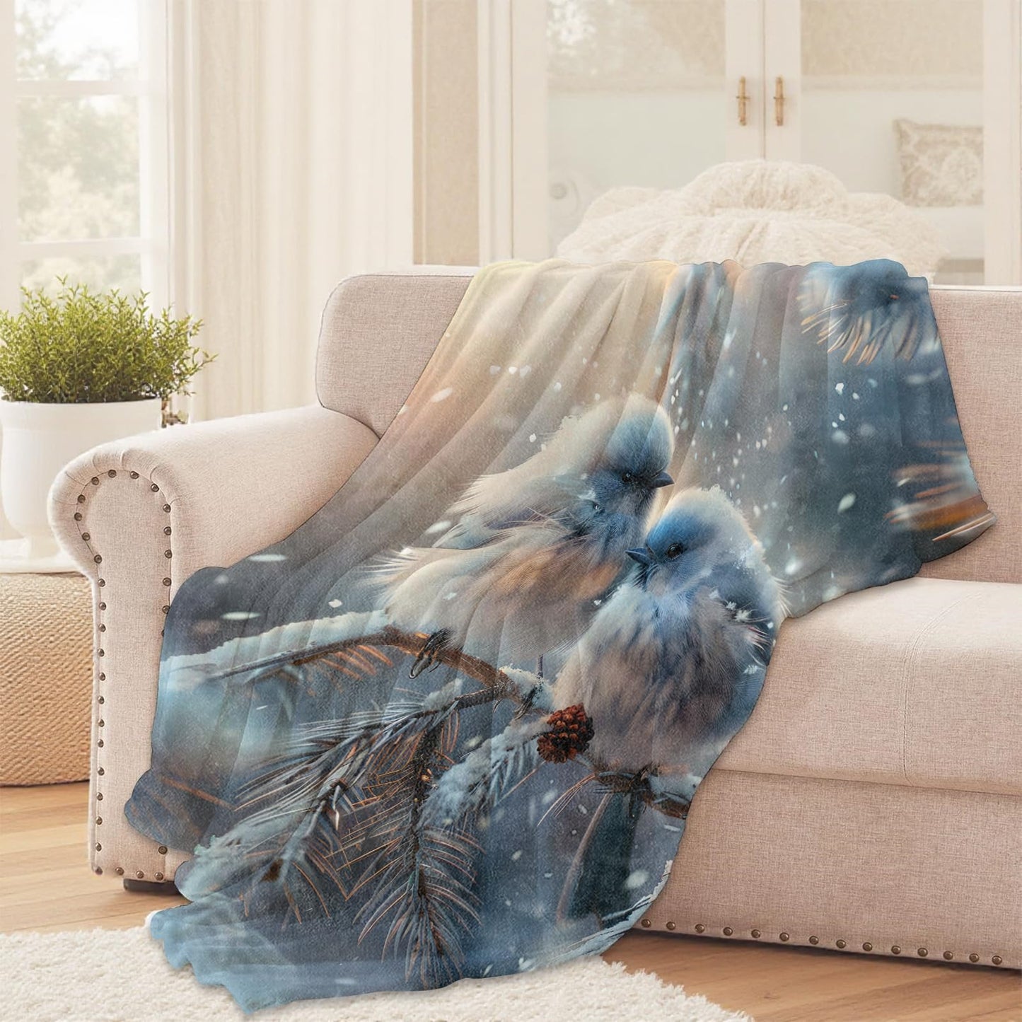 Winter Bird Throw Blanket for Girls Boys Kids Adults, 50x60 in, Cozy Flannel Blanket for Bedroom, Camping, Couch, Room Decor, Fuzzy Warm Soft Gifts