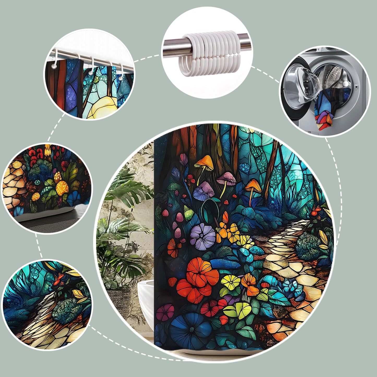 Fantasy Forest Shower Curtain Stained Glass Fairy Garden Mushroom Full Moon Wonderland Wood Tale Tree Magical Spring Floral Bath Curtain Fabric Bathroom Accessories Decor with Hooks (70.00"LX70.00"W)