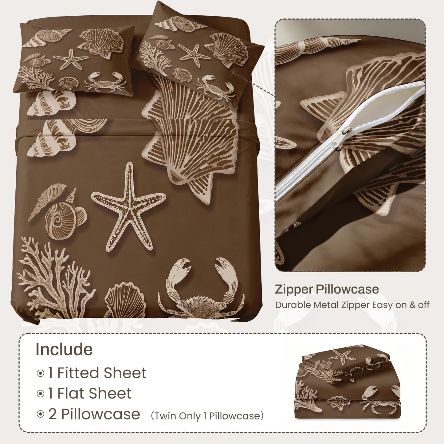 Seashell Full Sheet Set 4 Pcs Brown Coastal Bed Sheets
