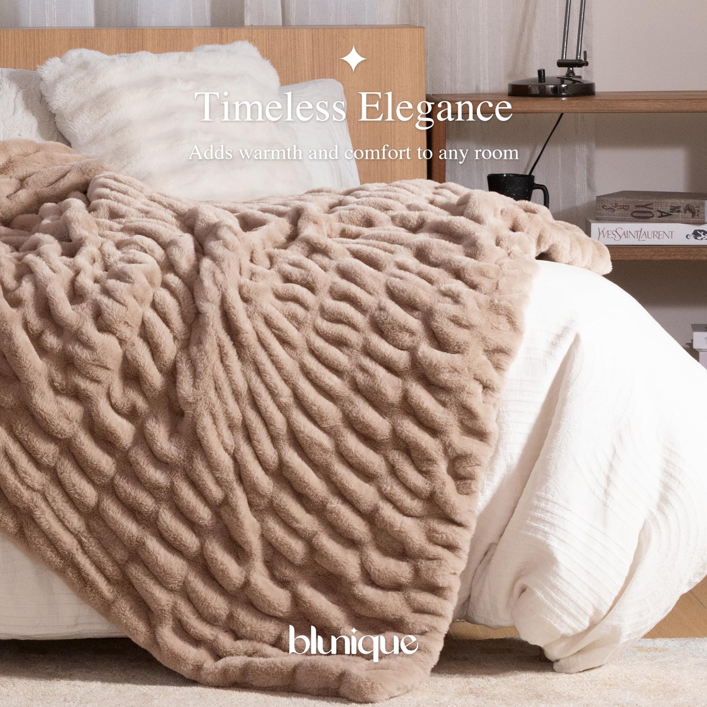 blunique Faux Rabbit Fur Throw Blanket, Soft Plush Cozy Blanket for Couch Bed, Thick Fluffy Ruched Decorative Blanket, Giftable,50"x60",Light Brown