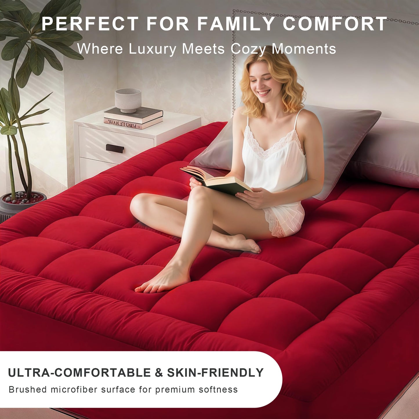 WQSPRING Quilted Mattress Pad Pillow Top Mattress Cover Protector Cooling Soft for Breathable Padded Deep Pocket 8-21 Fitted Supportive(Red,King Size)