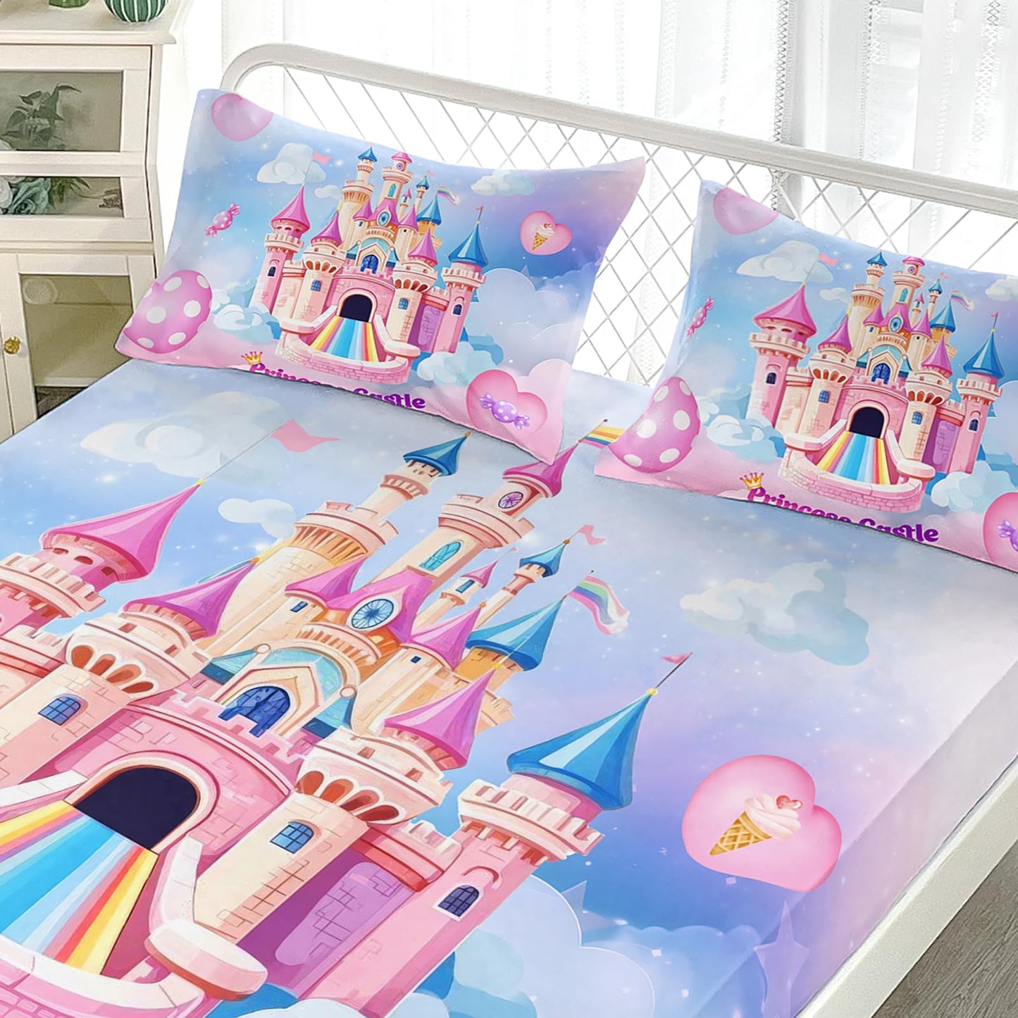 AILONEN Fairy Castle Fitted Sheet Set Twin XL Size, Pink Princess Castle Bedding Set for Kids Teens Girls,Sky Love Candy Bed Sheet Set,1 Fitted Sheet + 2 Pillowcases,3Pcs