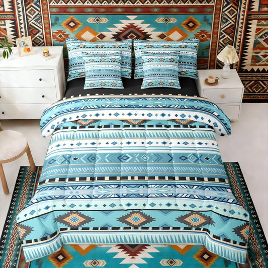 Erosebridal White Blue Aztec Bohemian Full Comforter Set 7 Pieces | Southwestern Farmhouse Bed in A Bag for Bedroom Tribal Cowboy Cowgirl Bedding Set with Comforters Adults Boho Room Decor
