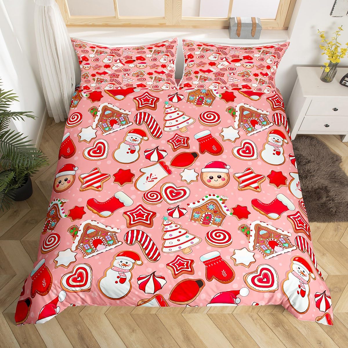 Christmas Duvet Cover Set Twin Size Cartoon Gingerbread Santa Claus Bedding Set 2pcs for Kids Girls Boys Bedroom Decor Cute Snowman Christmas Tree Comforter Cover Pink Red Quilt Cover,1 Pillowcase