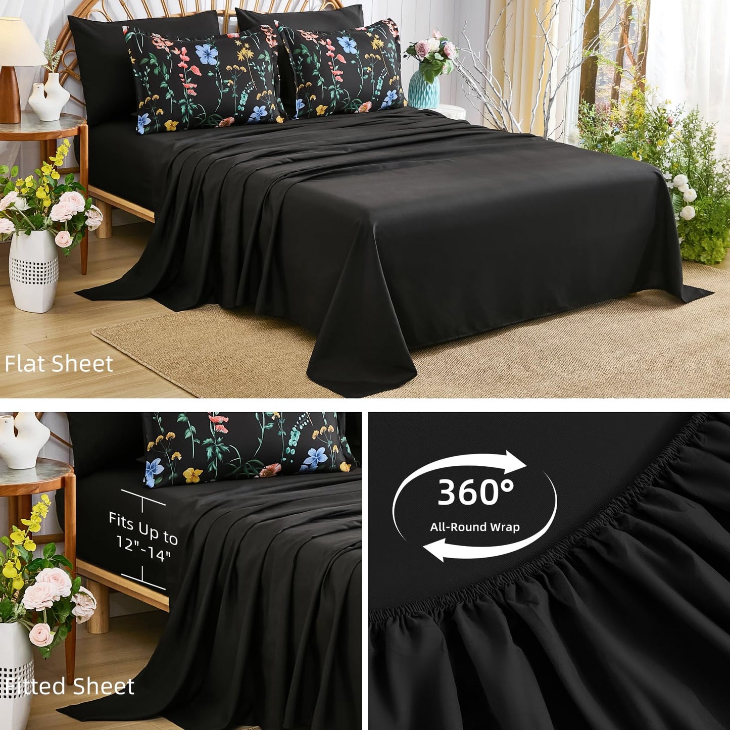 DJY Black Floral Comforter Set King Size,Black Pink Botanical Bedding Comforter Sets,7 Pieces Bed in a Bag Lightweight Microfiber Comforter Set with Sheets Pillowcases & Shams for All Seasons