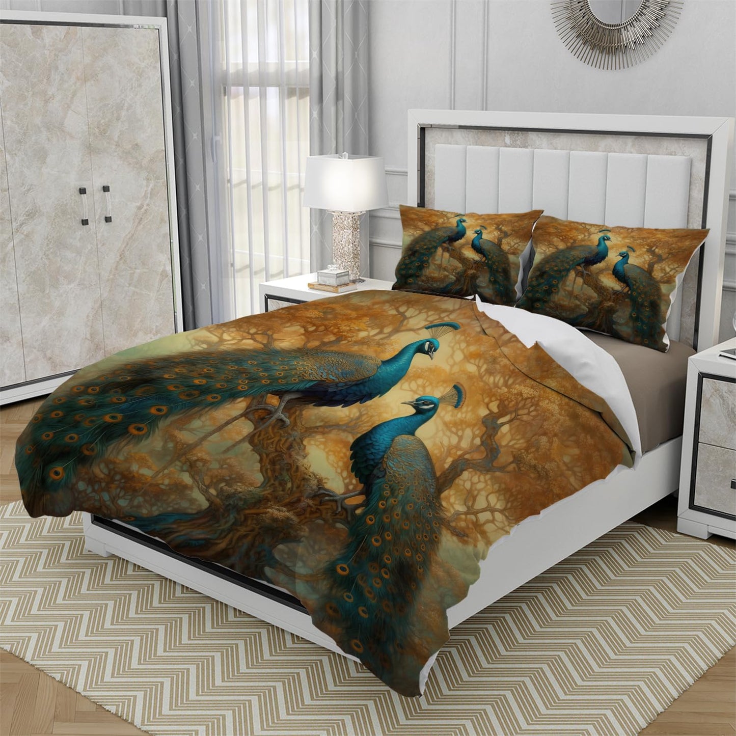 RICQLESC Peacock Duvet Cover and 2 Pillow, Beautiful Elegant Feather Wild Birds Animal Golden Tree Art Comforter Set, Kids Boys Girls Bedding 3 Pieces, King Size 104x90 inch