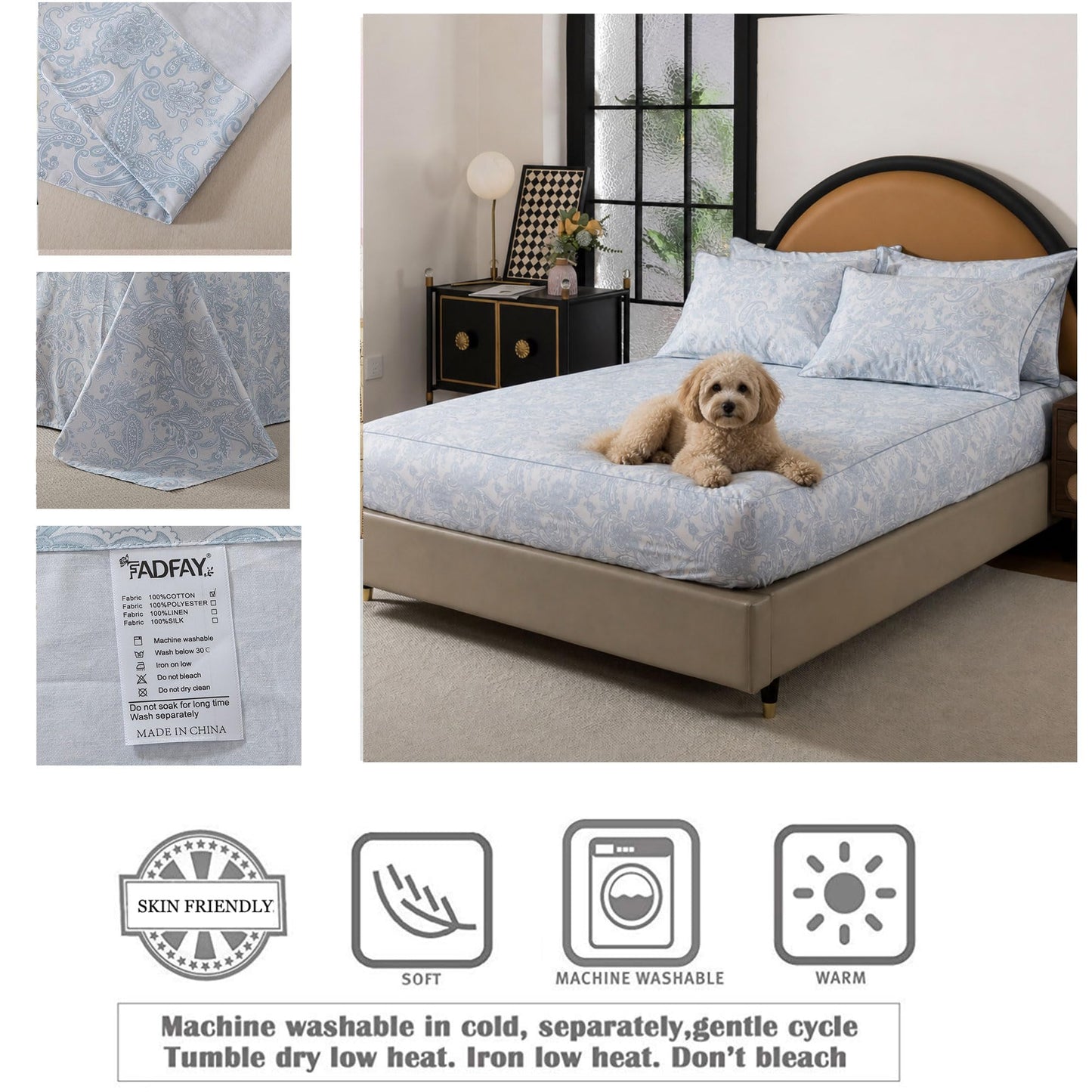 FADFAY Sheets Set Full 100% Cotton, 4-Piece Shabby Paisley Floral Bedding Light Blue Boho Paisley Bed Sheet Set, Vintage Farmhouse Bedding Soft & Breathable Deep Pocket Fitted Sheet for All Seasons