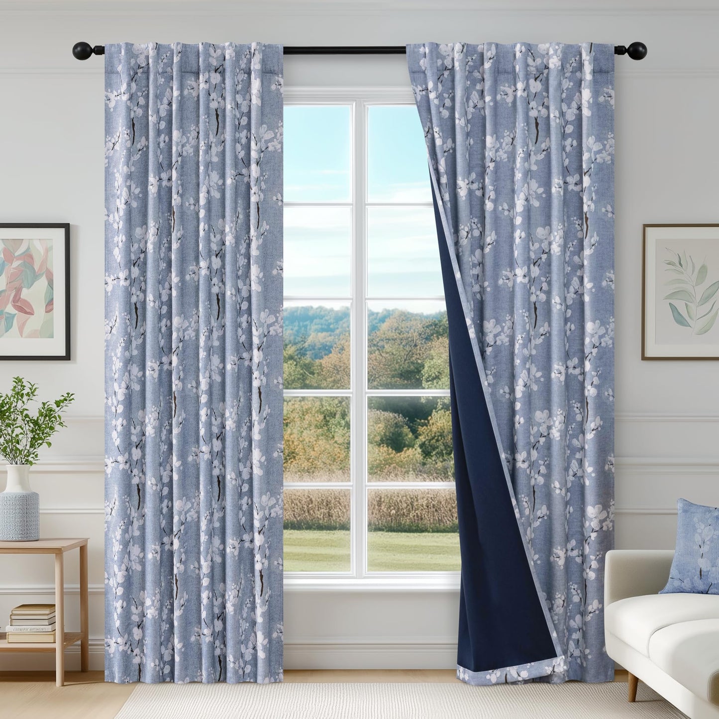 FMFUNCTEX 100% Blackout Floral Curtains for Bedroom, Blue Curtains 84 inch Length Blossom Flower Patterned for Living Room, Thermal Insulated Farmhouse Drapes, Rod Pocket 2 Panels (White on Blue)