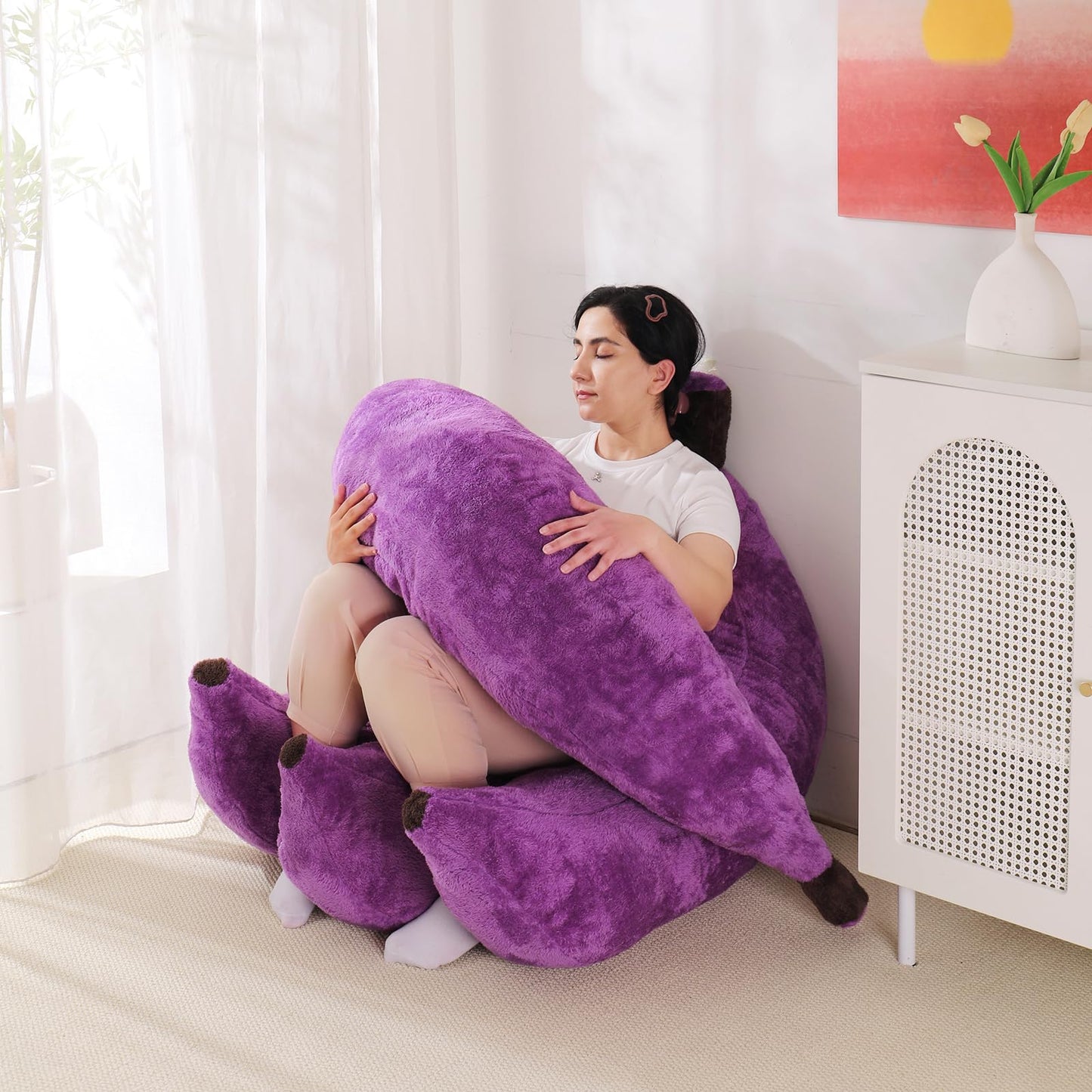 IEVENW Banana Bean Bag Chair with Ottoman, Floor Sofa Bed with Footrest, Comfy Convertible Lounger for Teens & Adults, Plush Couch for Bedroom, Living Room or Dorm, M-Violet