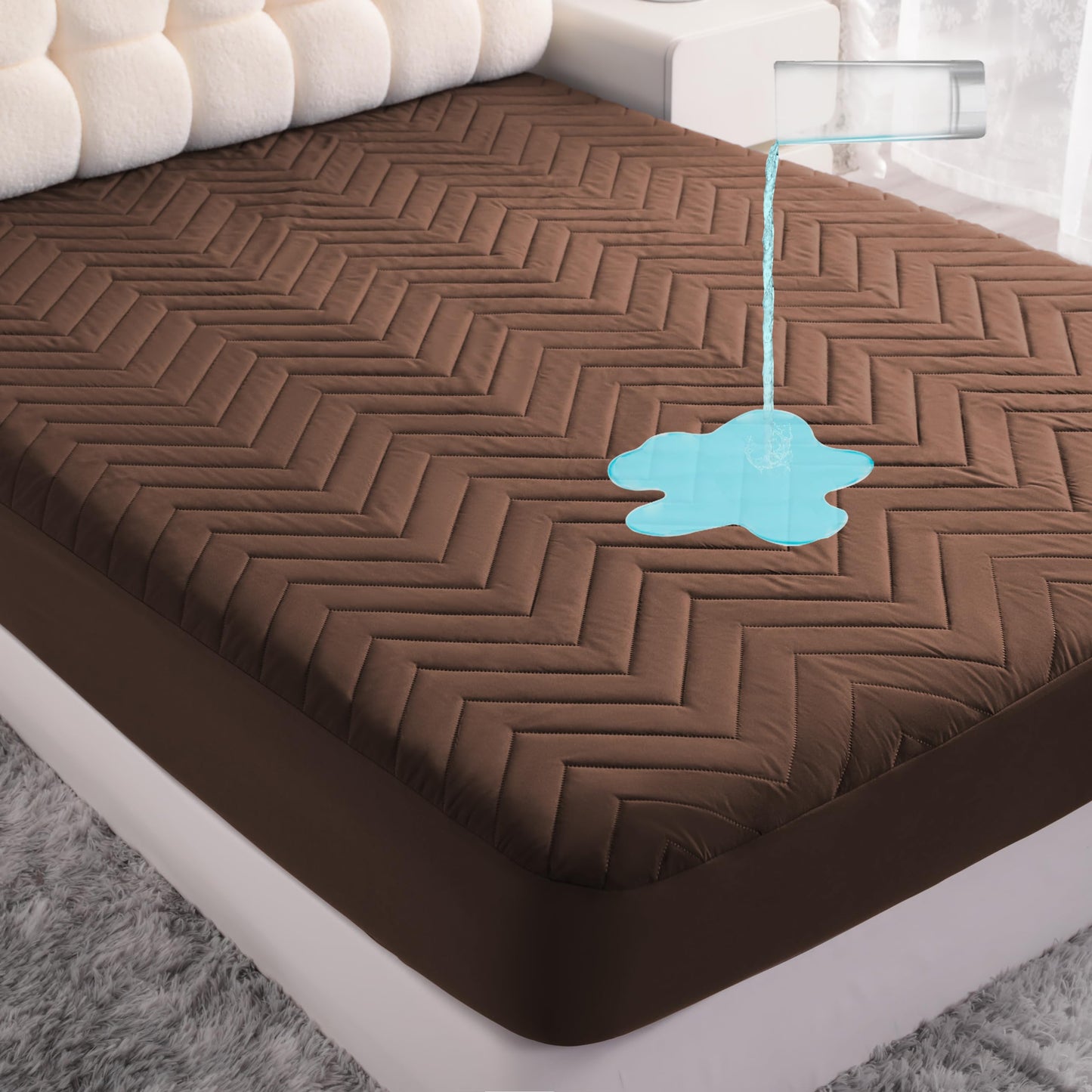 NTBAY Waterproof Mattress Protector, Quilted Twin Fitted Mattress Cover with 15" Deep Pocket- Machine Washable - Soft Mattress Pad Cover, Brown