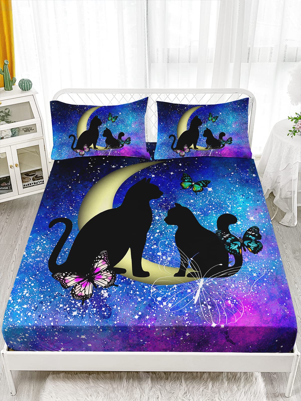 Axolotl Black Cat Bedding Twin Sheet Set - Butterflies Moon Printed for Kids, Boys, Girls, Adults, Teens - 1 Fitted Sheet, 1 Flat Sheet, 2 Pillowcases - Blue