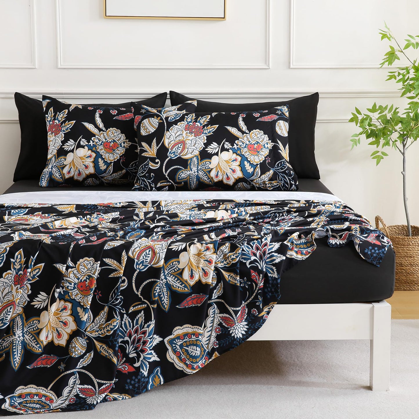 Botanical 6-Piece Full Size Sheets Set, Boho Floral Print Brushed Microfiber Sheets, Cooling Bed Sheet Set, Ultra Soft & Breathable, 16' Deep Pocket Fitted Sheet & Pillowcase Set, Black Floral