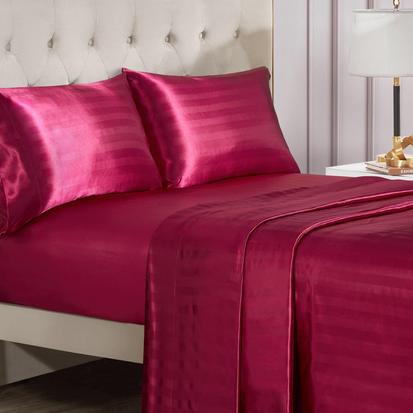 Juicy Couture Silky Satin Damask Sheet Set - Luxury Hot Pink Bedding - Smooth Striped Sheets - Full Size