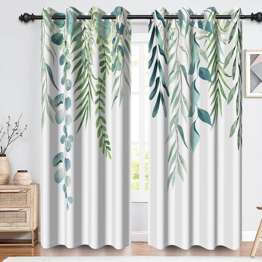 Renaiss Sage Leaves Blackout Curtains for Bedroom Watercolor Green Leaves Window Curtain Eucalyptus Leaf Plant Window Drapes for Living Room Decor Darkening Curtains 2 Panels Set, 42x63 Inch