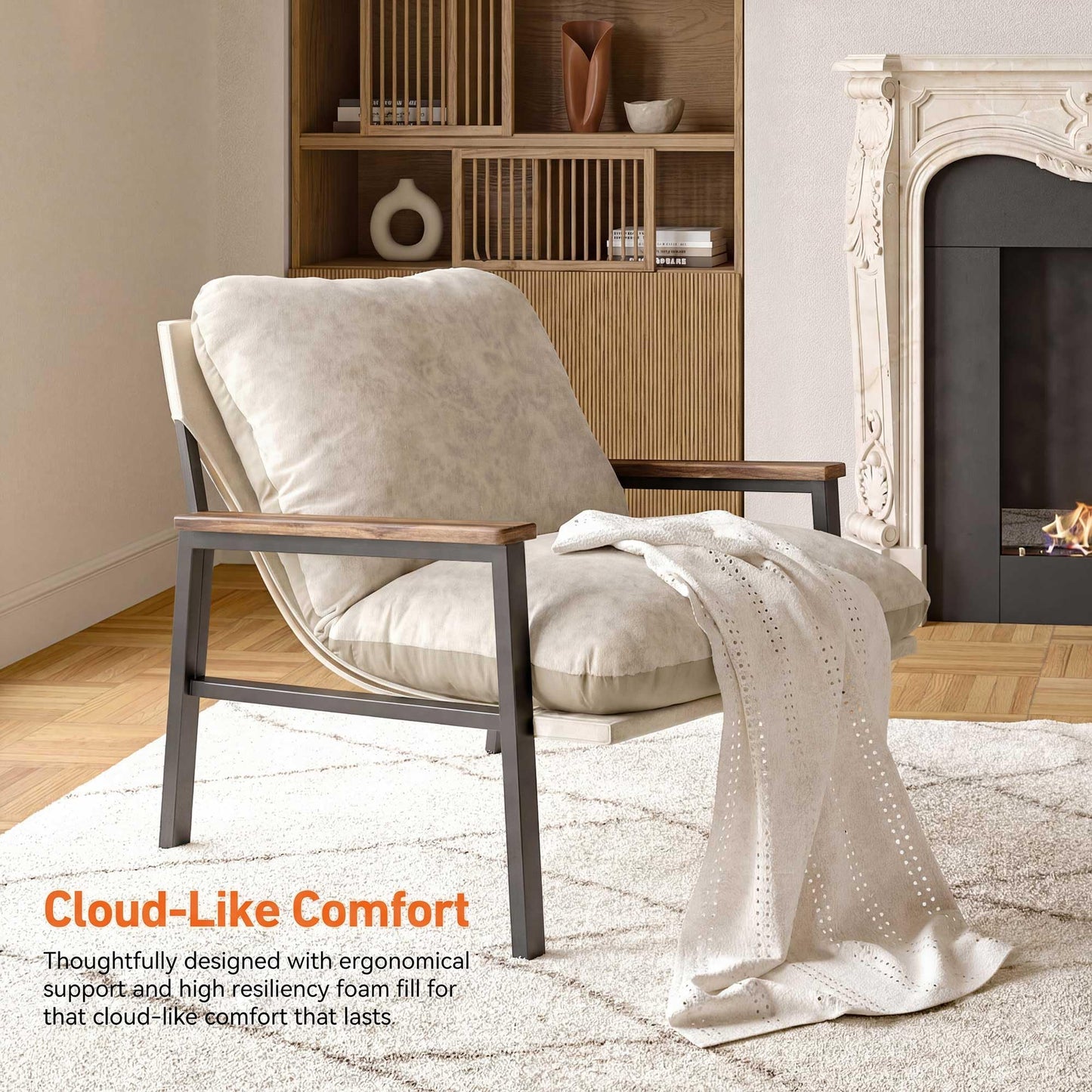 LUNIVO Cloud Accent Chair, Dual-Sided Cushion Accent Chair for Living Room with Acacia Wood Armrests & Sturdy Metal Frame, Ergonomic Lounge Chair for Bedroom, Cloud-Like Softness, Easy Assembly