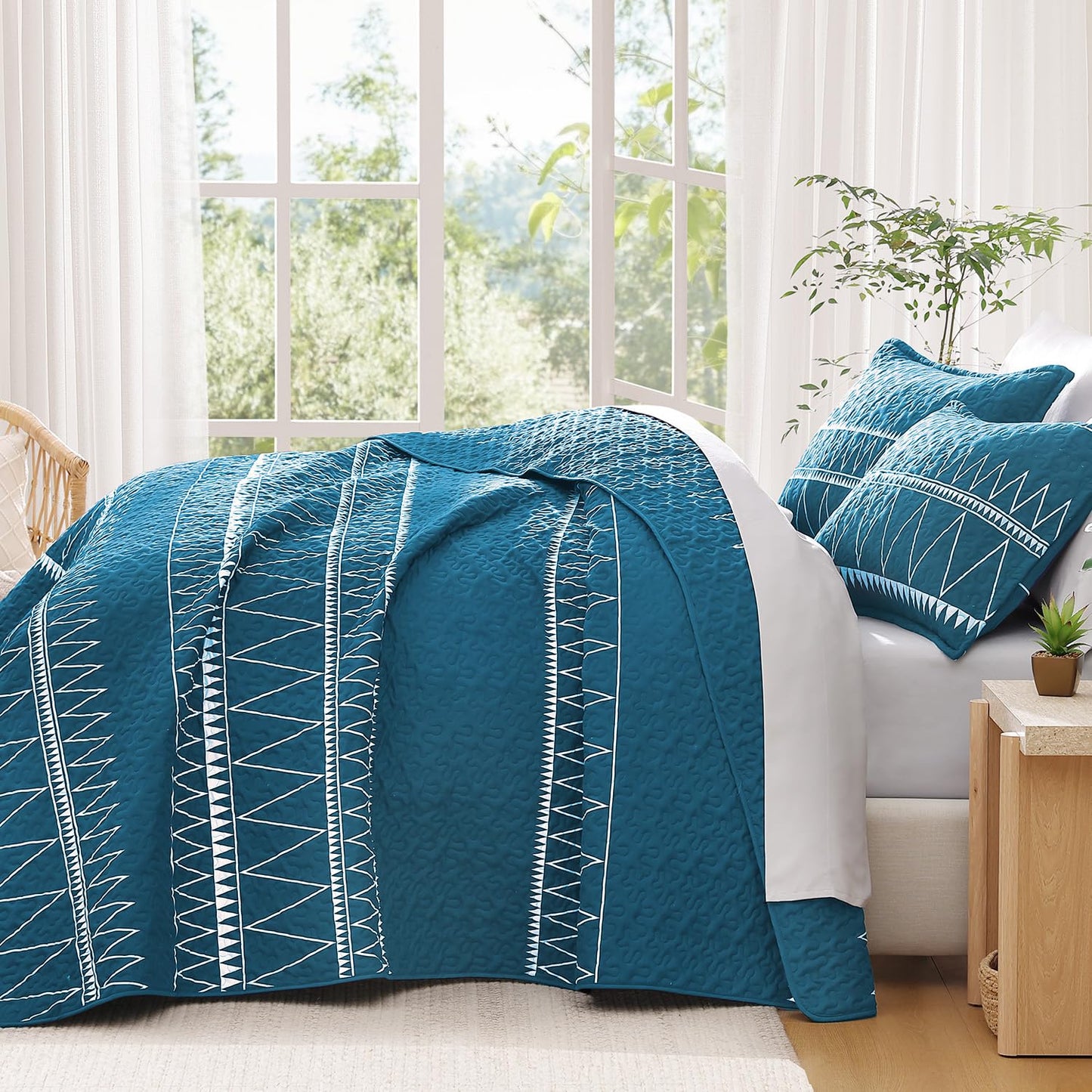 Andency Teal California King Quilt Set, 3 Pieces Boho Lightweight Soft Striped Cal King Bedspread for All Season (112"x104"), Printed Bohemian Polyester Reversible Coverlet Comforter Sets