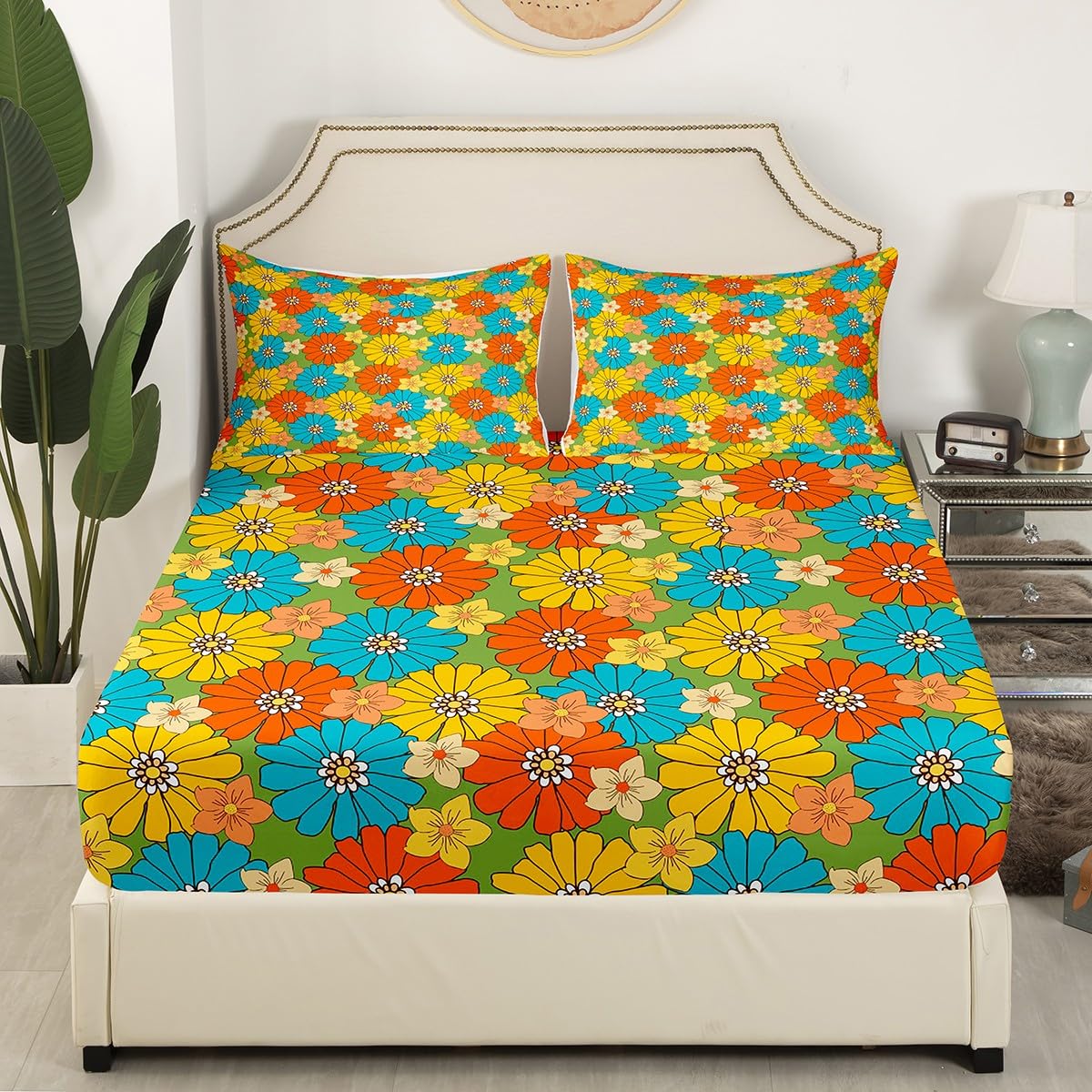 Erosebridal 60S 70S Hippie Bed Sheets Full Retro Groovy Flowers Bedding Set Abstract Vintage Floral Sheet Set for Kids Girls Teen,Boho Natural Botanical Fitted Sheet + Flat Sheet + 2 Pillow Cases